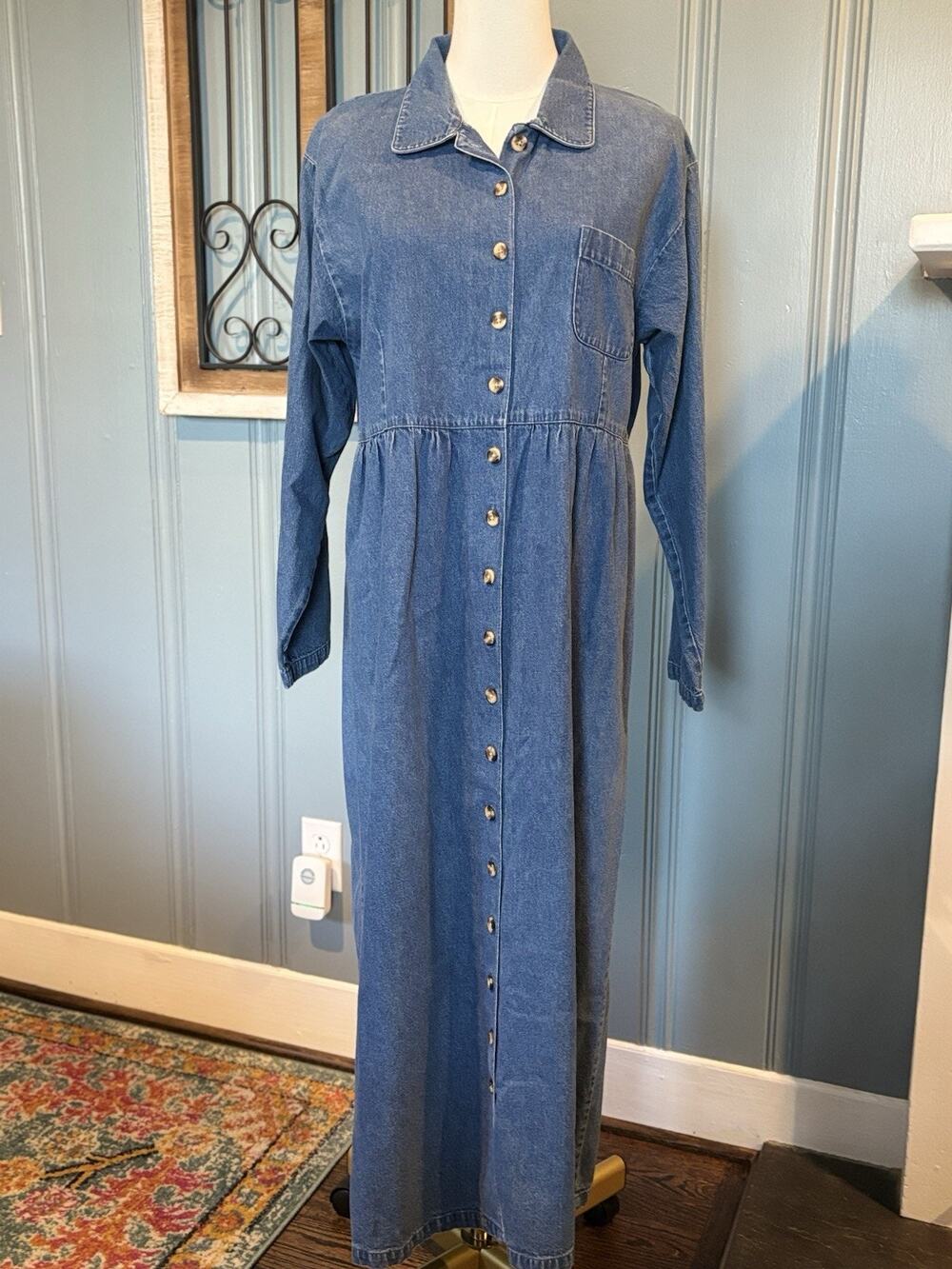 Prairie Cottage-core Blue Denim Button-Front Collared Pocket Maxi Shirt Dress M